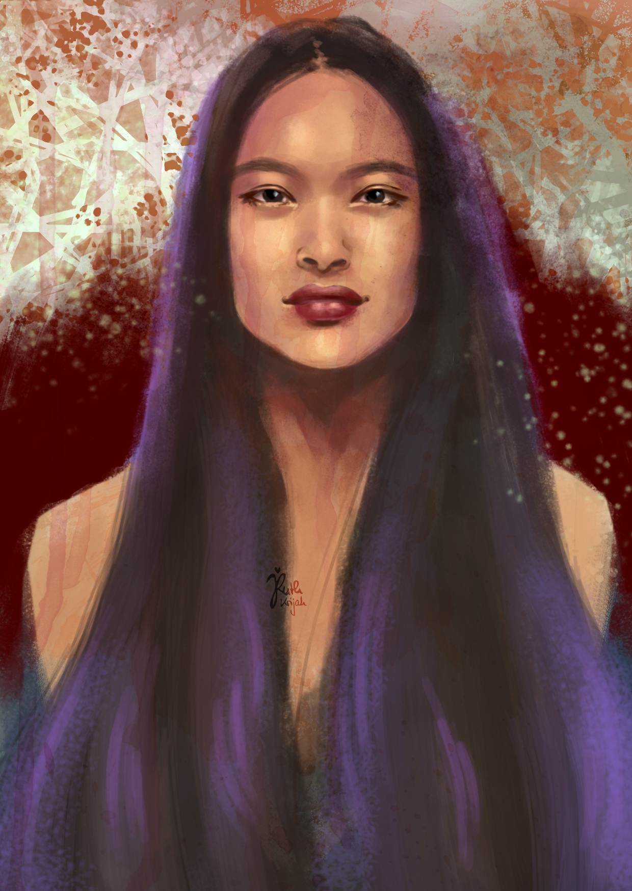 Digital Portrait of Asian Woman with long black hair. Inner Woman Portrait. By Artist Ruth Krijah