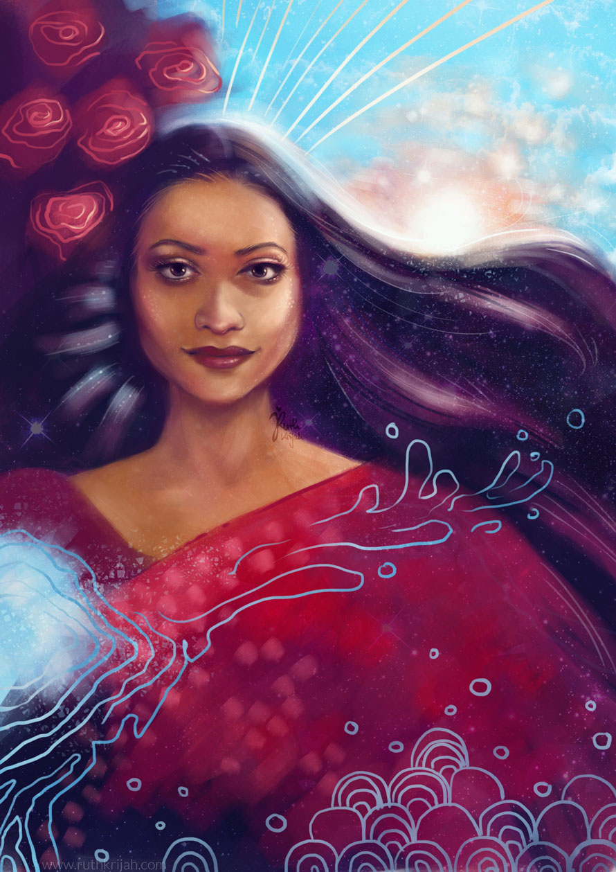 Digital Portrait of a Woman with flowing silky black hair. Morning Sunrise in the background. Roses. Japanese Water. Stars sparkle. Kind eyes and knowing smile. Inner Woman Portrait. By Artist Ruth Krijah